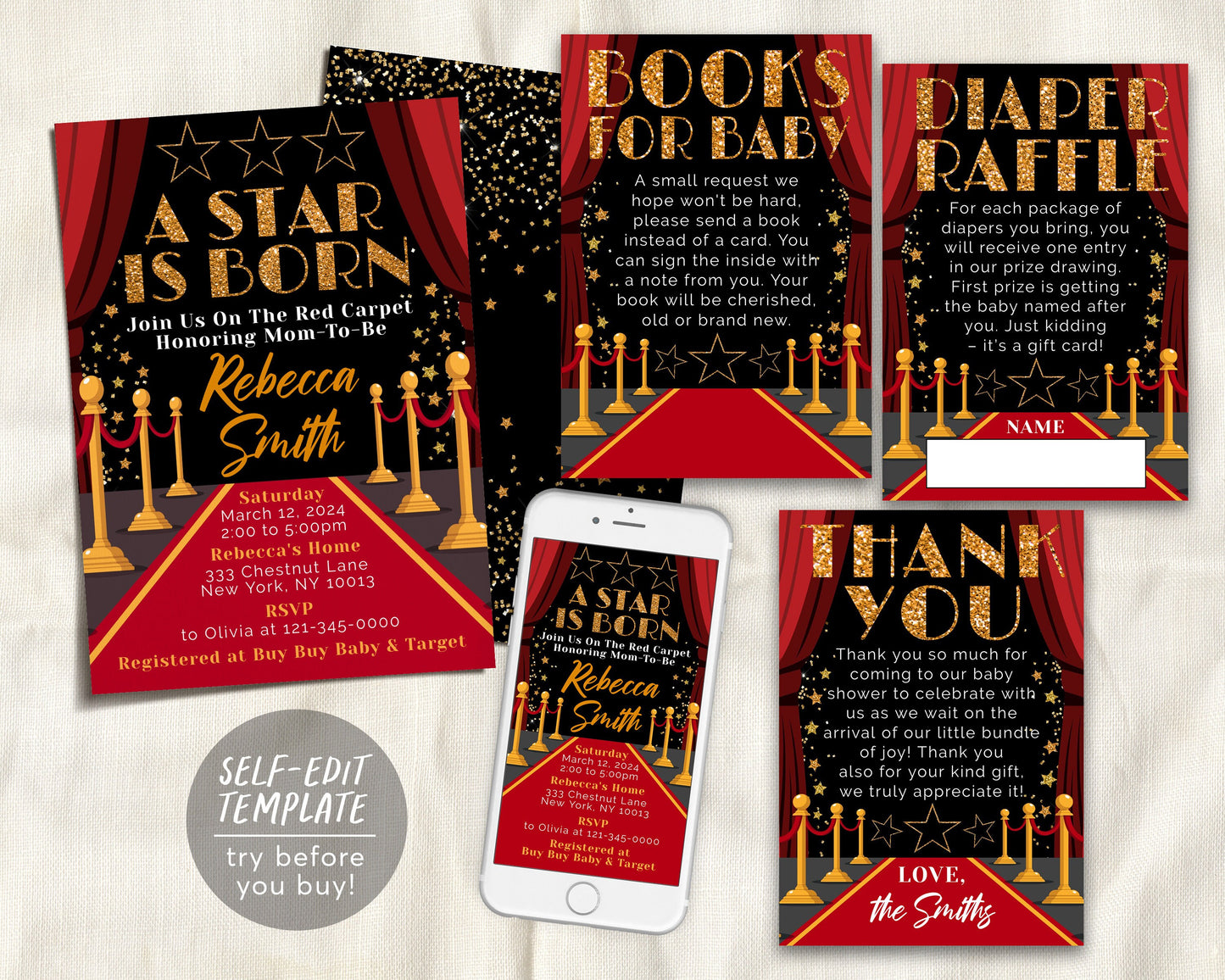 Red Carpet Baby Shower Invitation BUNDLE Suite Set Editable Template, Hollywood Movie Glam Diaper Raffle, Books For Baby, Thank You Note