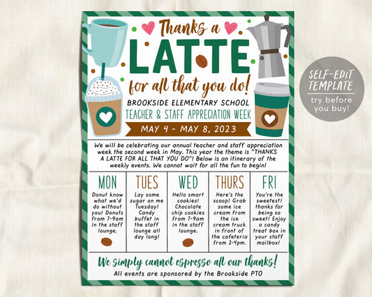 Coffee Theme Teacher Staff Appreciation Week Itinerary Flyer Editable Template