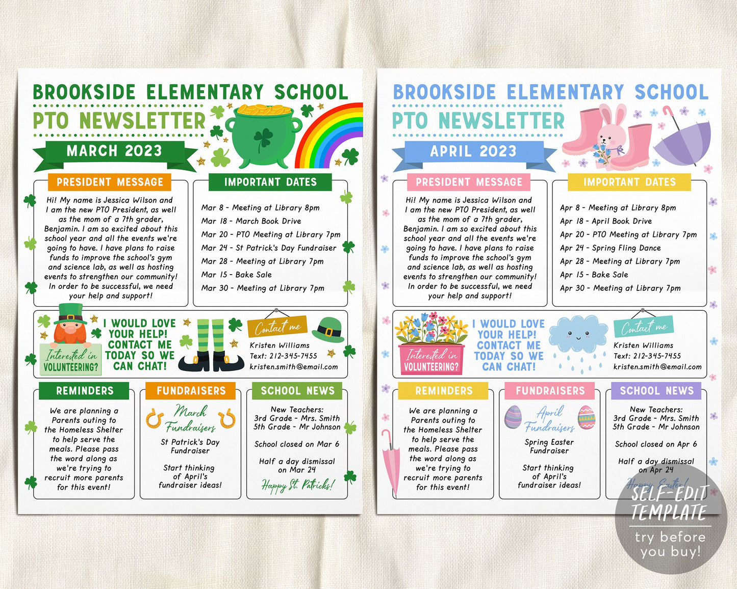 Yearly PTO PTA Newsletter Editable Template BUNDLE Set, Classroom Printable Handout Flyer, Seasonal School Year Meeting Agenda Organizer