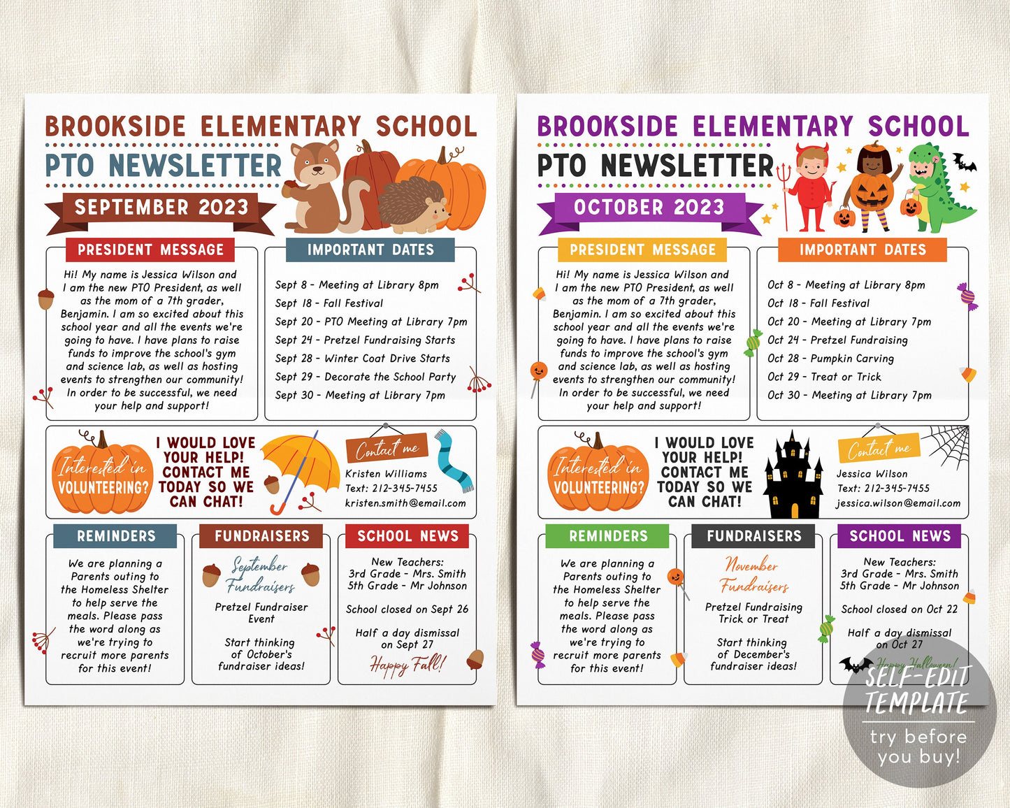 Yearly PTO PTA Newsletter Editable Template BUNDLE Set, Classroom Printable Handout Flyer, Seasonal School Year Meeting Agenda Organizer
