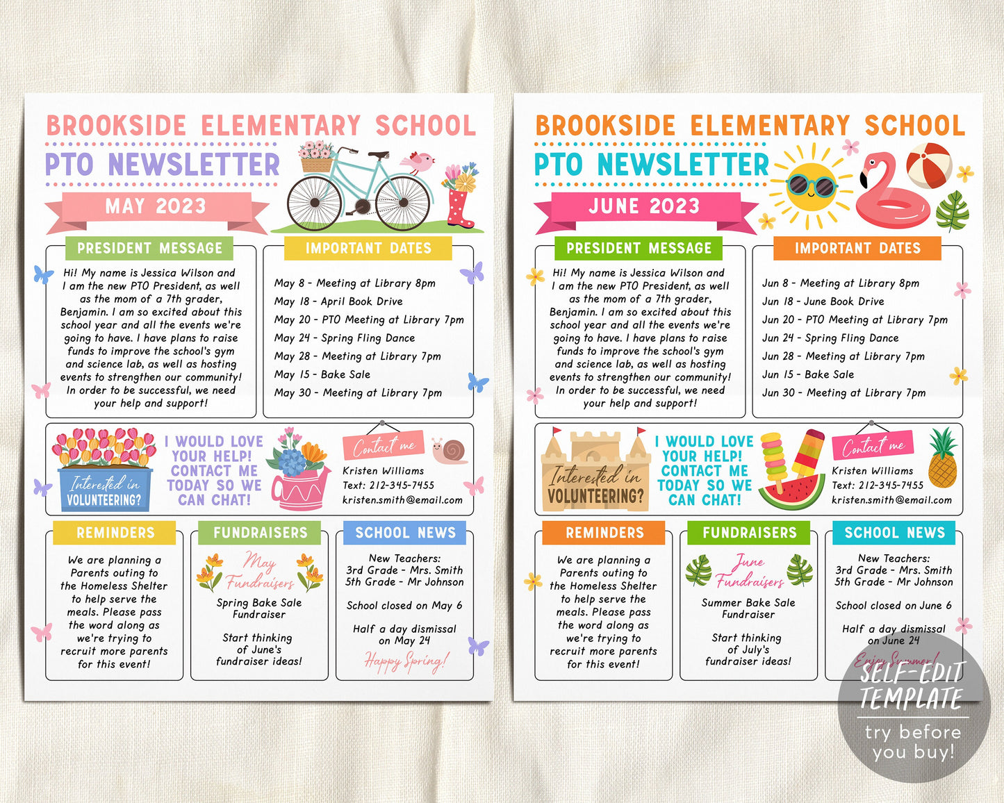 Yearly PTO PTA Newsletter Editable Template BUNDLE Set, Classroom Printable Handout Flyer, Seasonal School Year Meeting Agenda Organizer