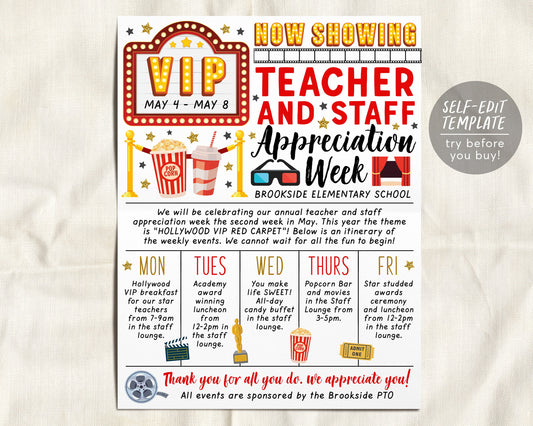 Hollywood Theme Teacher Staff Appreciation Week Itinerary Flyer Editable Template
