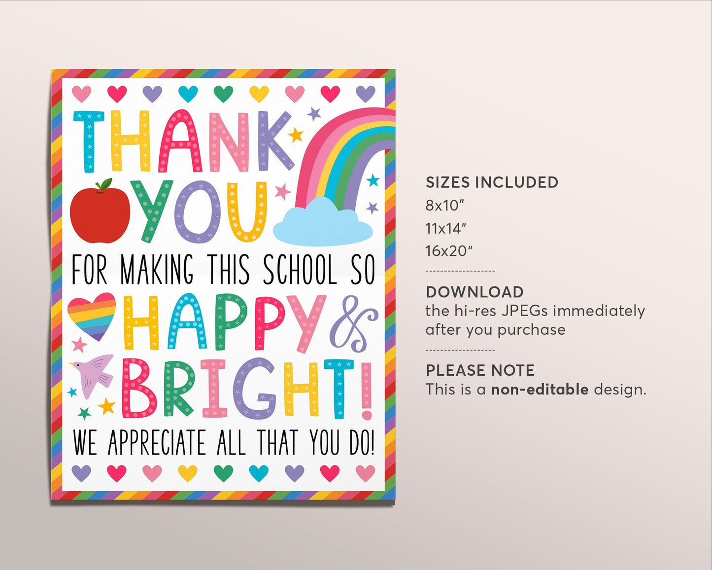 Rainbow Thank You Appreciation Week Sign Poster Printable, Thank You For Making This School Happy And Bright Decor, Staff Teacher Volunteer