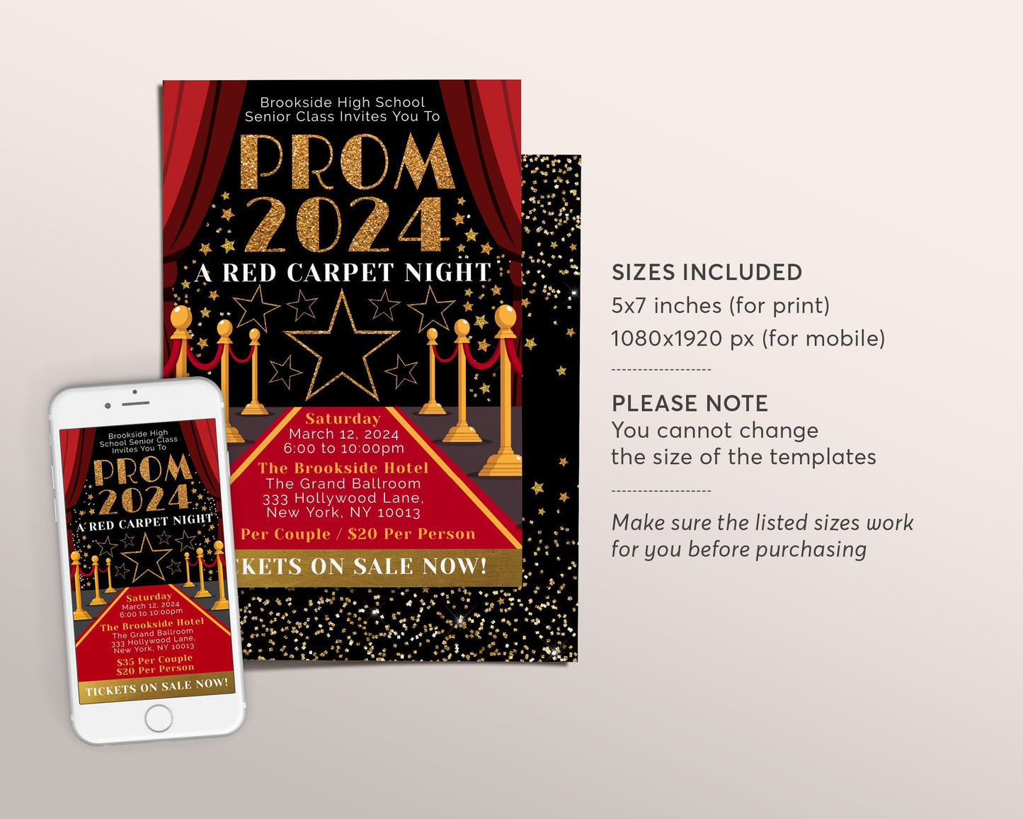 Red Carpet Prom School Dance Invitation Editable Template, Homecoming Hollywood VIP Pass Ticket Party Invite, Father Daughter Dance