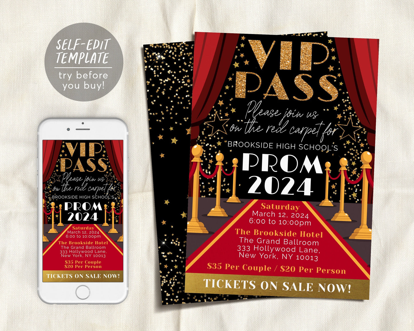 VIP Pass Prom Invitation Editable Template, Red Carpet School Dance ,Homecoming Hollywood Movie Star Ticket Party Dance Gala Invite Evite