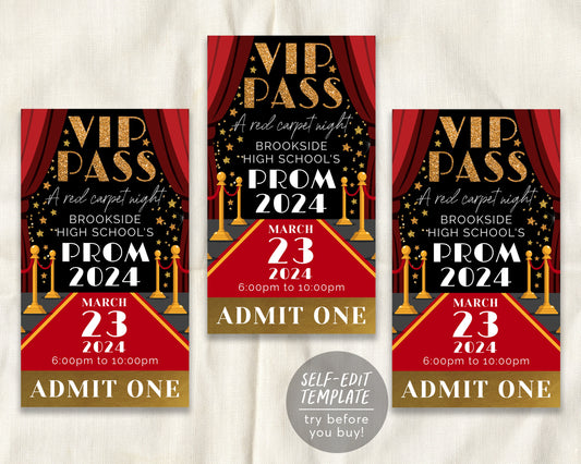 VIP Pass Prom Night School Dance Tickets Editable Template, Red Carpet Homecoming Hollywood VIP Access Pass Party Invite, High School Senior