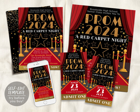 Red Carpet Prom Dance BUNDLE Set Editable Template, VIP Access Junior Senior Homecoming Flyer Invitation Ticket, High School Gala Ticket