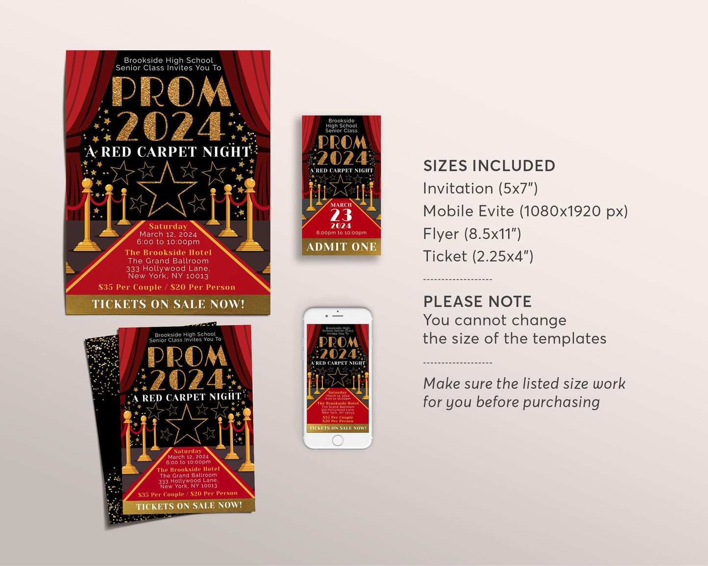 Red Carpet Prom Dance BUNDLE Set Editable Template, VIP Access Junior Senior Homecoming Flyer Invitation Ticket, High School Gala Ticket