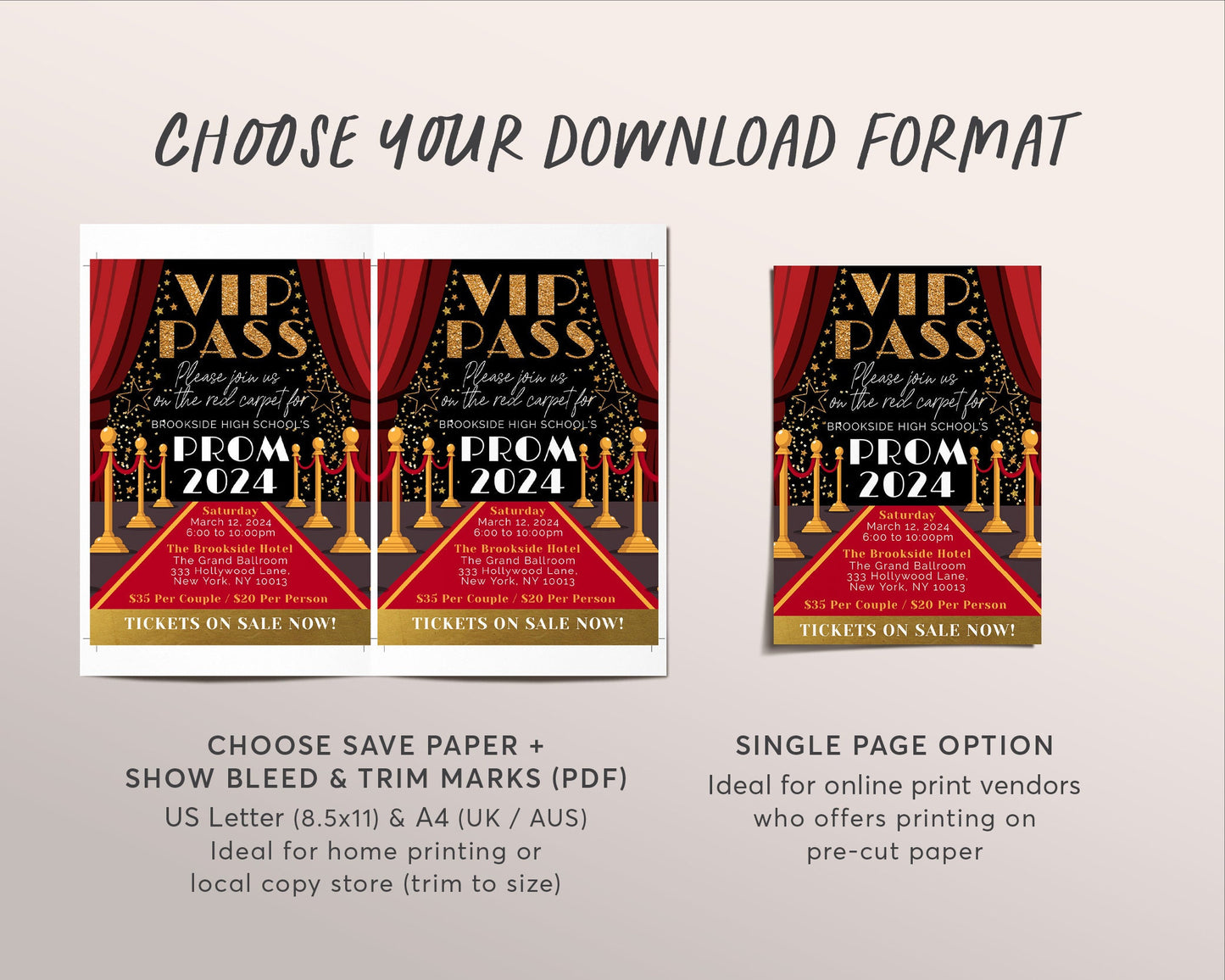 VIP Pass Prom Dance BUNDLE Set Editable Template, Red Carpet Access Senior Homecoming Flyer Invitation Ticket, High School Gala Ticket