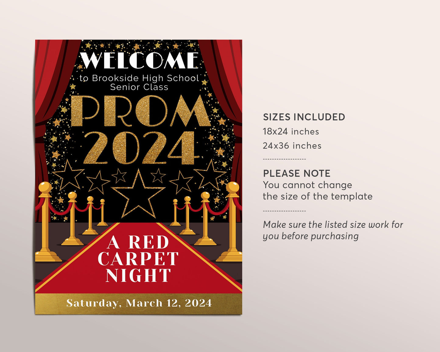 Red Carpet Dance Welcome Sign Editable Template, Prom School Dance Hollywood Theme Party Poster, VIP Access Homecoming Dance Printable Sign