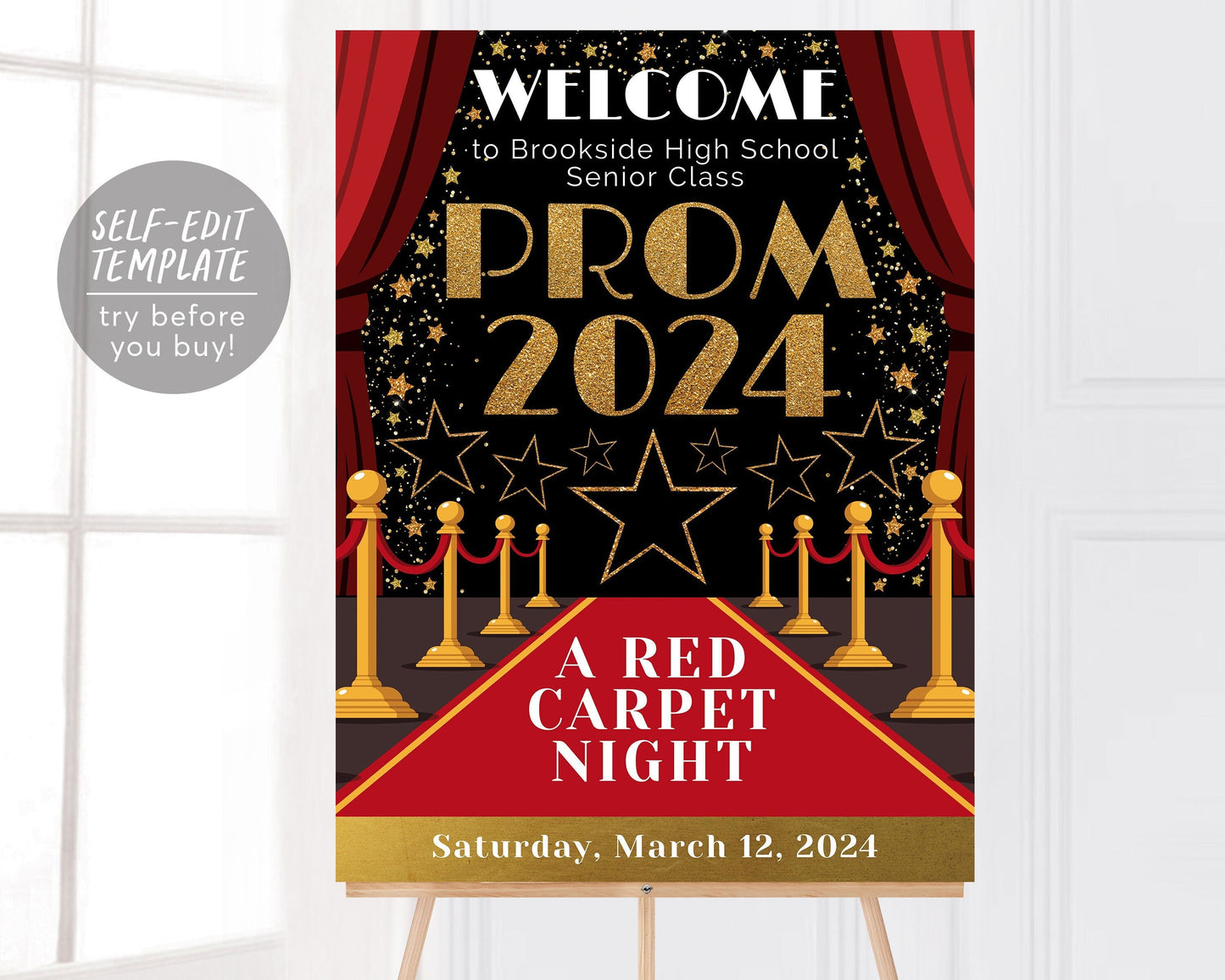 Red Carpet Dance Welcome Sign Editable Template, Prom School Dance Hollywood Theme Party Poster, VIP Access Homecoming Dance Printable Sign