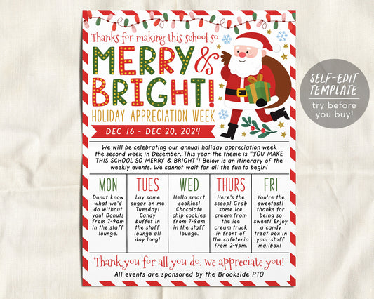 Holiday Theme Teacher Staff Appreciation Week Itinerary Flyer Editable Template