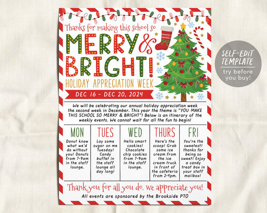 Holiday Theme Teacher Staff Appreciation Week Itinerary Flyer Editable Template