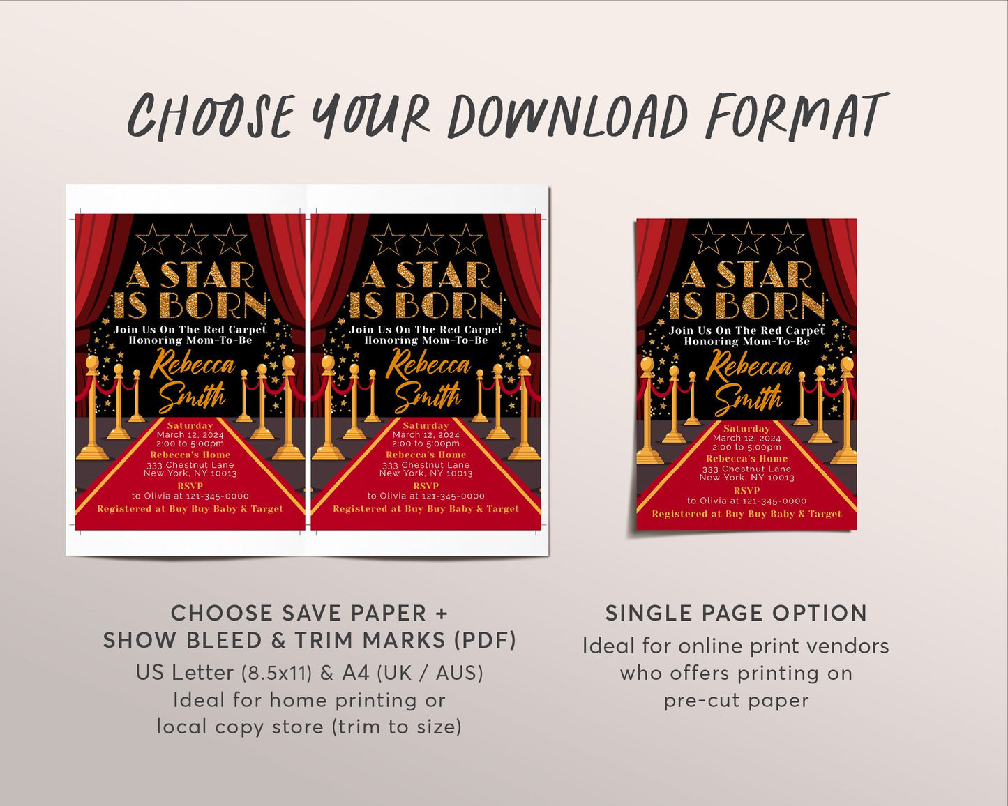 Red Carpet Baby Shower Invitation Editable Template, A Star Is Born Hollywood Movie Sprinkle Invite, VIP Pass Movie Star Glam Unisex Evite