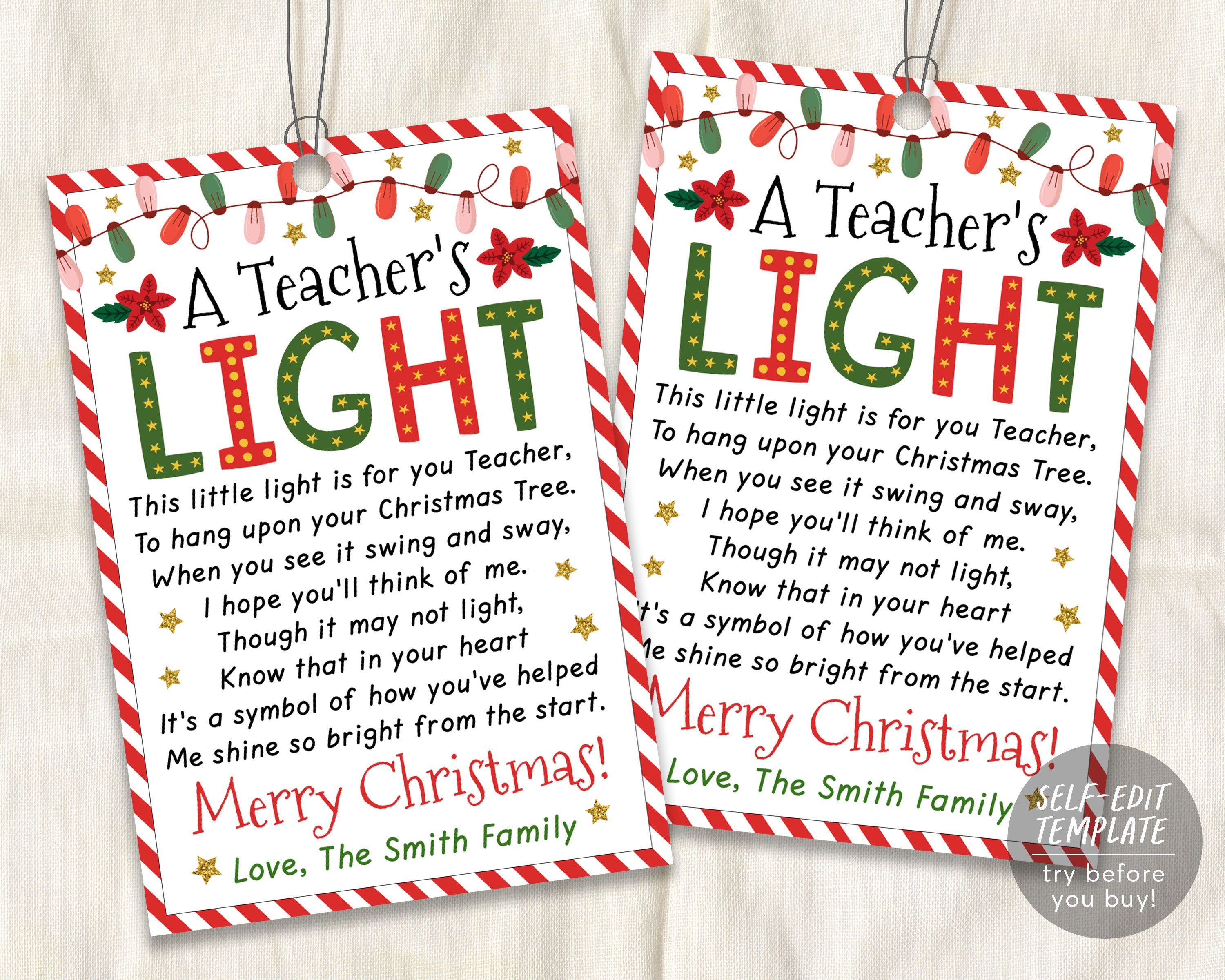 a teachers light gift tag editable template, teacher christmas