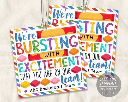 Bursting With Excitement That You Are On Our Team Gift Tag Editable Template