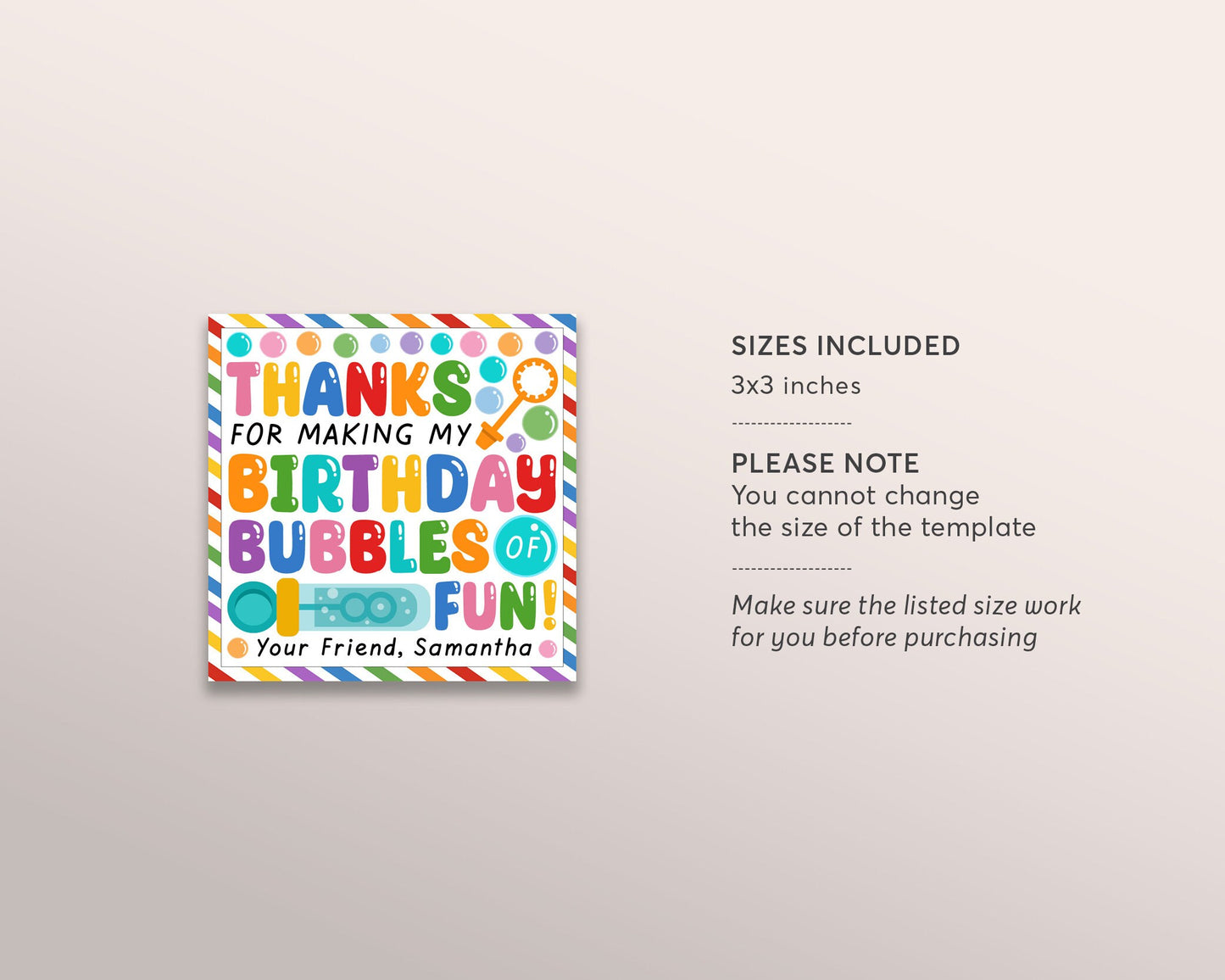 Thanks For Making My Birthday Bubbles Of Fun Party Tags Editable Template, Kids Bubbles Birthday Celebration Favor Gift Tag School Printable