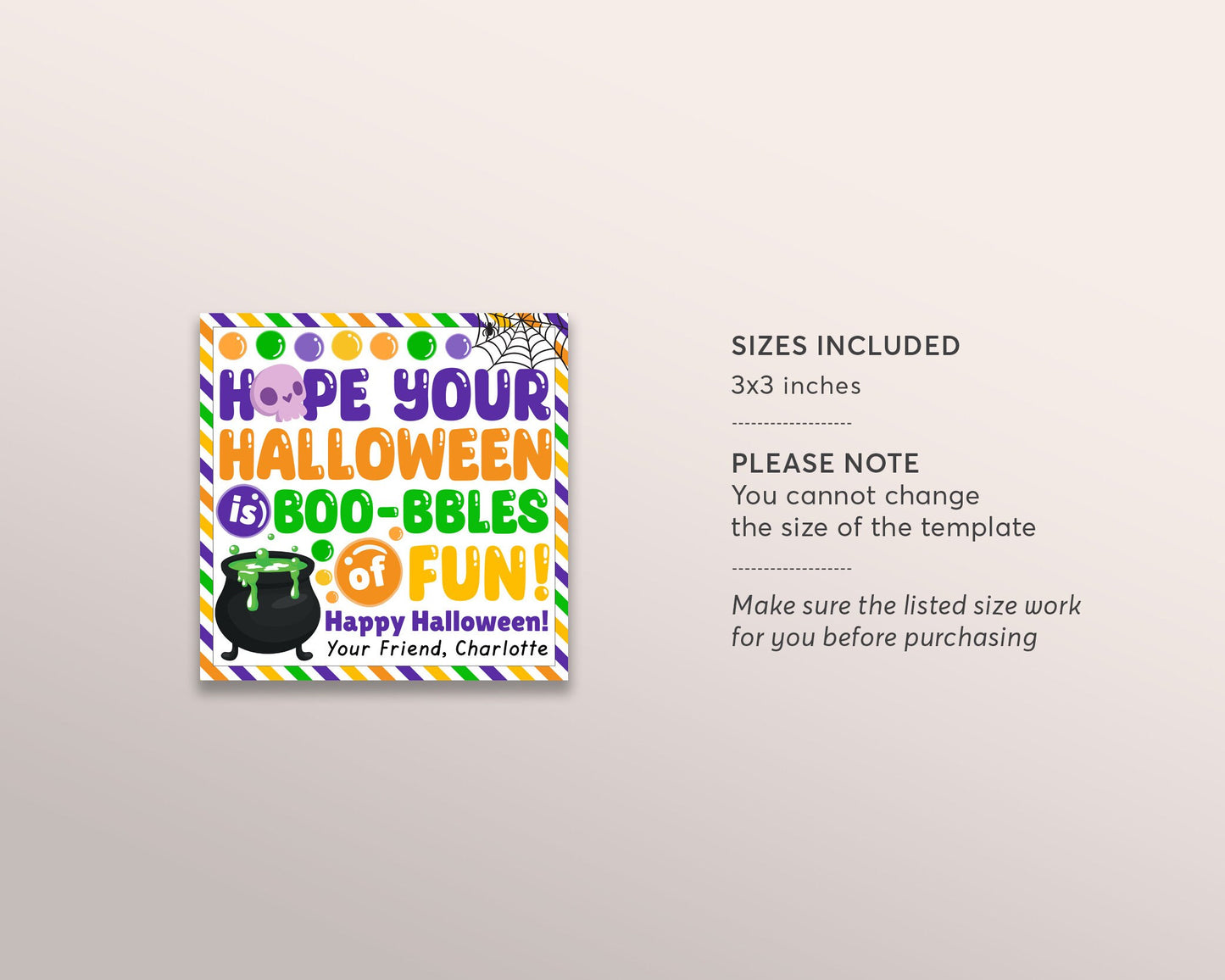 Happy Halloween Bubble Boo-bble Favor Tags Editable Template, Kids Non-Candy Preschool Bubbles Classroom Gifts From Teacher Classmate Friend