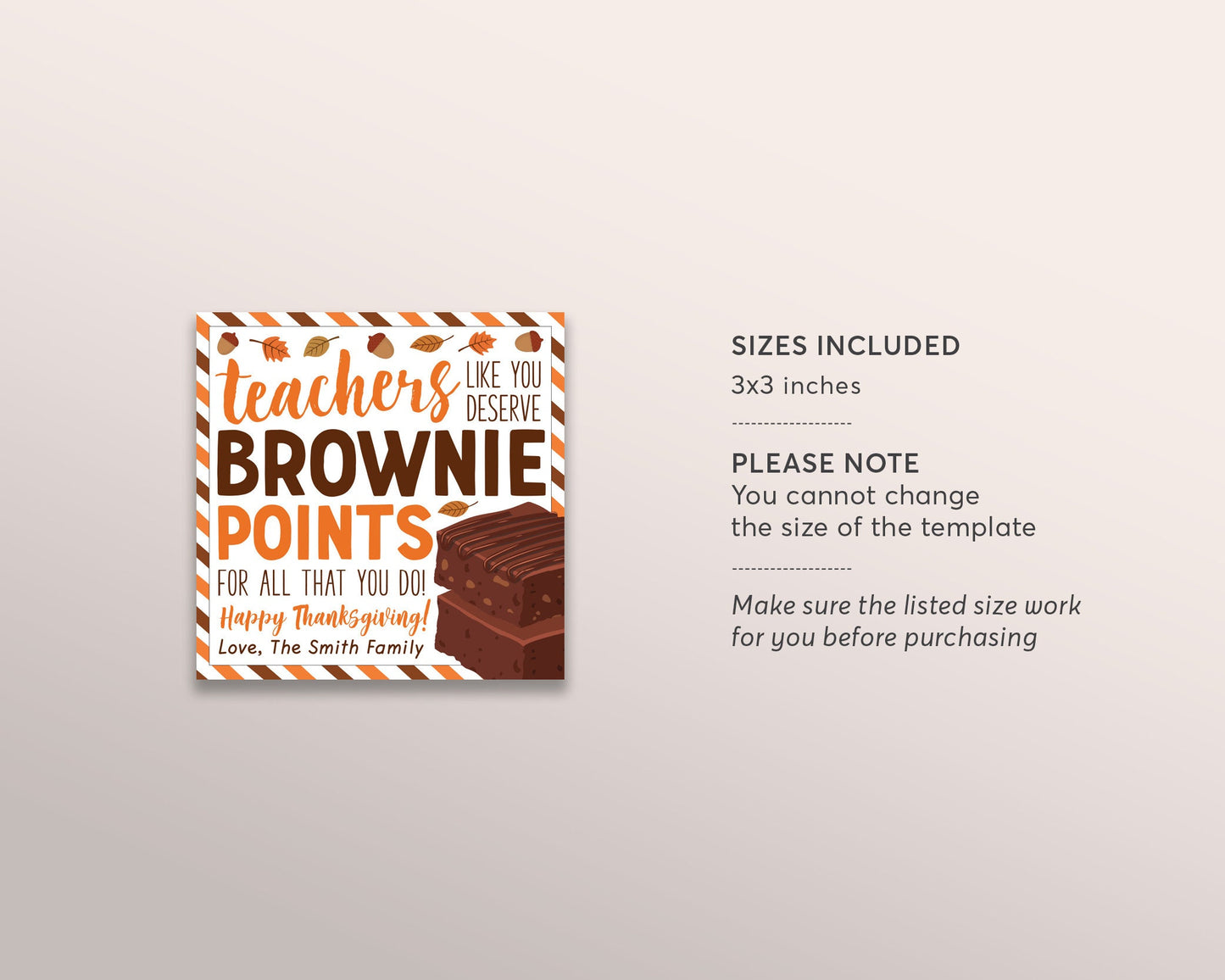 Fall Brownie Gift Tag Editable Template, Teachers Deserve Brownie Points Thanksgiving Autumn Chocolate Treat Tag, Staff Appreciation Label