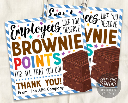 Employee Appreciation Gift Tags Editable Template, Employees Deserve Brownie Points Thank You Favor Tag, Office Staff Appreciation Week