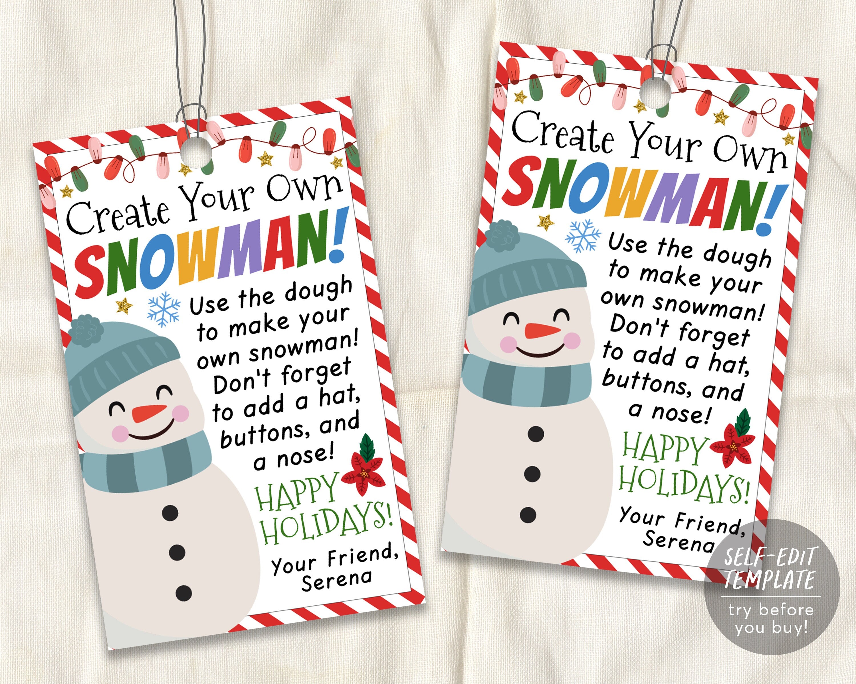 create your own snowman gift tags editable template, winter break holiday classroom play dough craft favor tag printable non candy kids toy