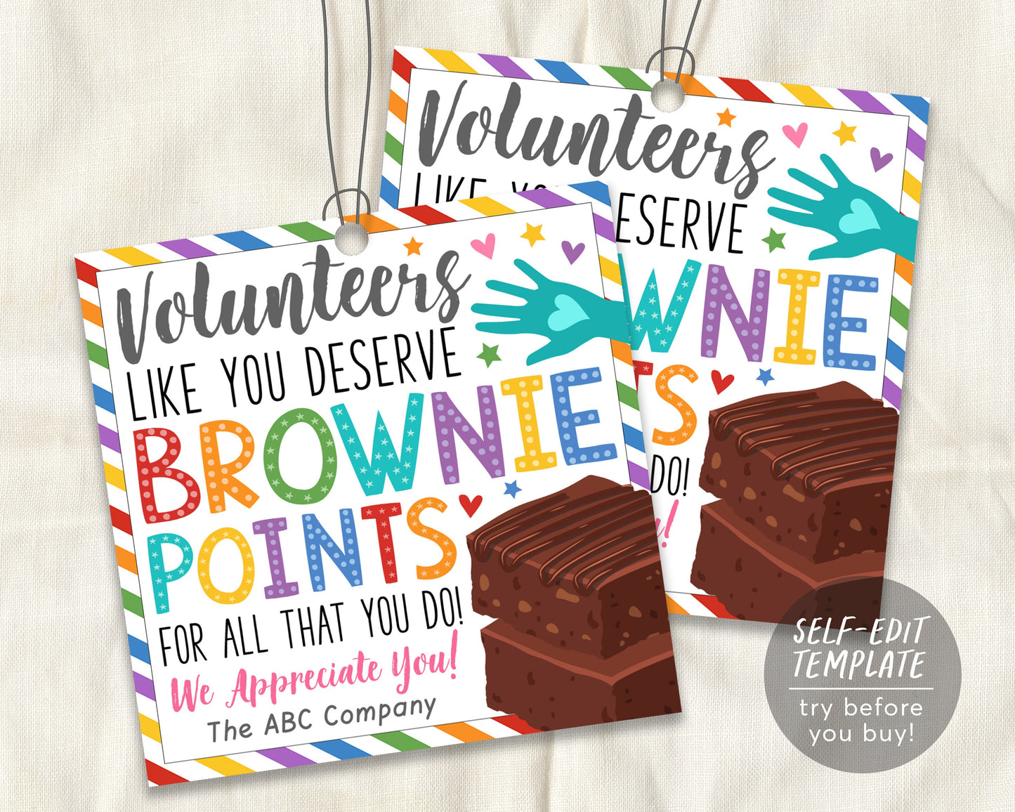 Brownie Volunteer Thank You Gift Tag Editable Template, Volunteers Deserve Brownie Points Chocolate Treat Tags, Community Appreciation Week