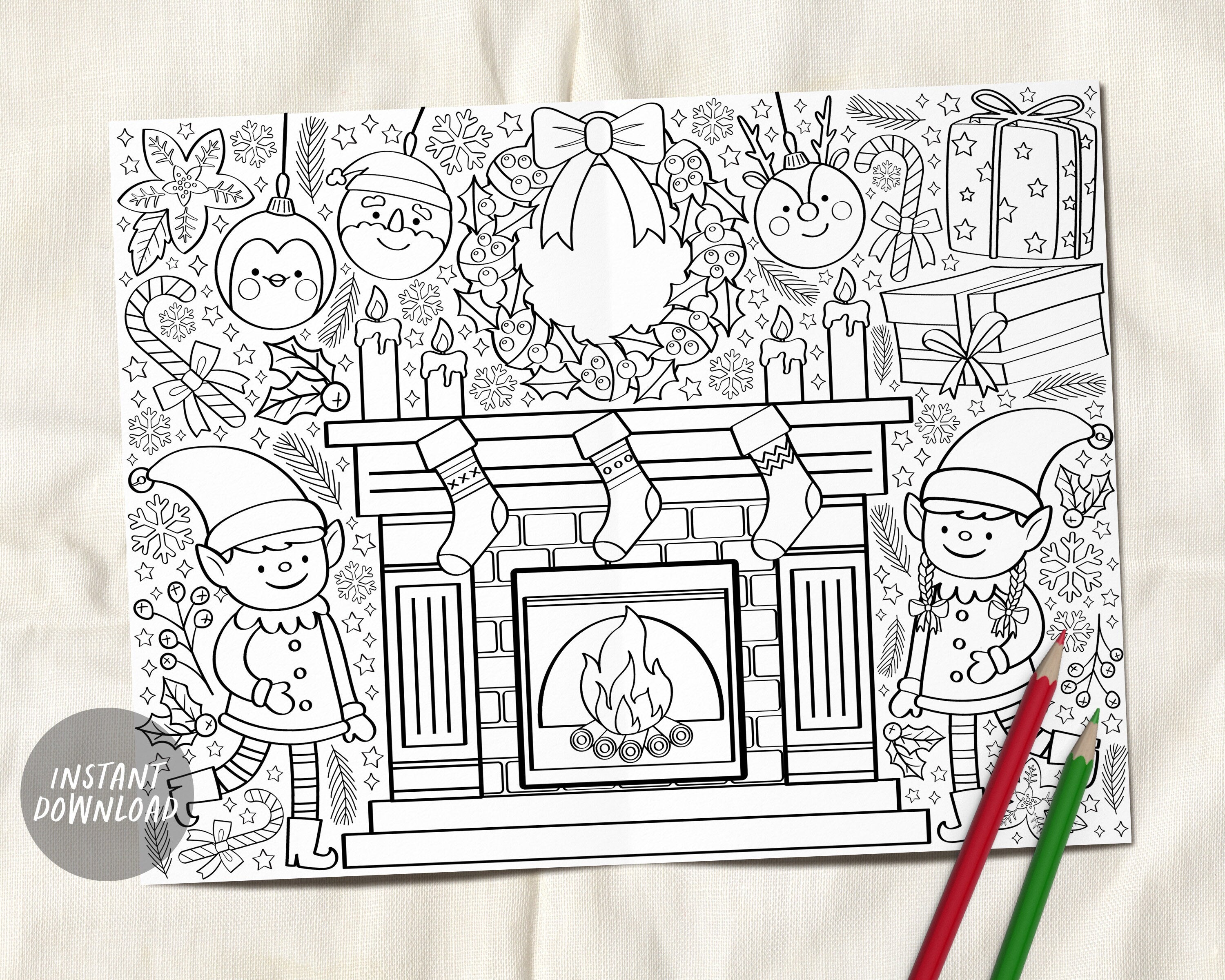 Christmas Tree & Fireplace Coloring Paper Placemats, 16in x 11in