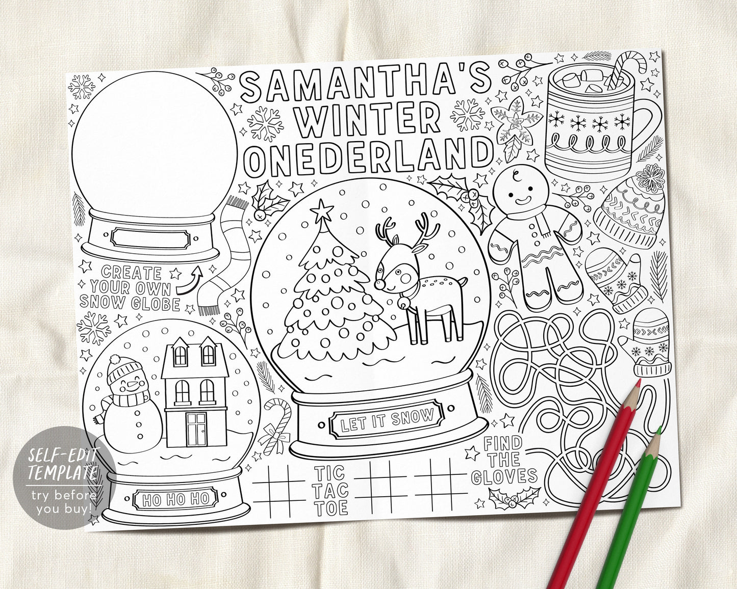 Winter ONEderland Birthday Coloring Page Placemat For Kids Editable Template