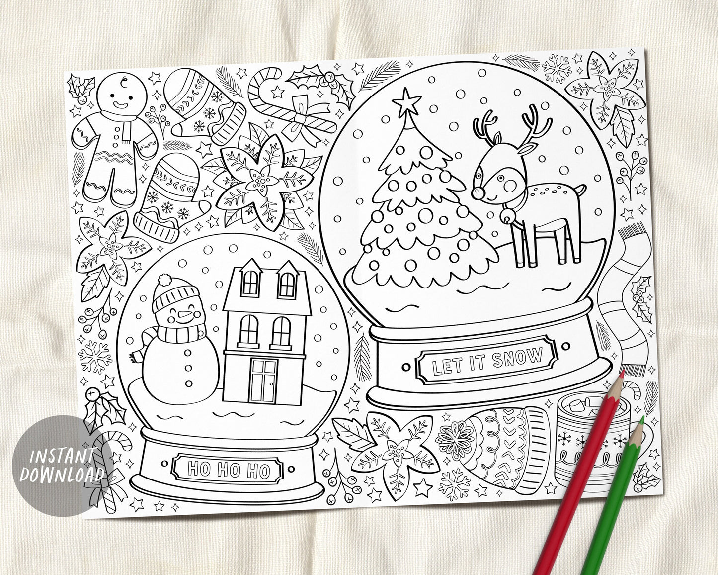 Christmas Coloring Page Set BUNDLE, Holiday Winter School Party Favor Activity Sheet Placemat Kids Adults, Preschool Kindergarten Classroom