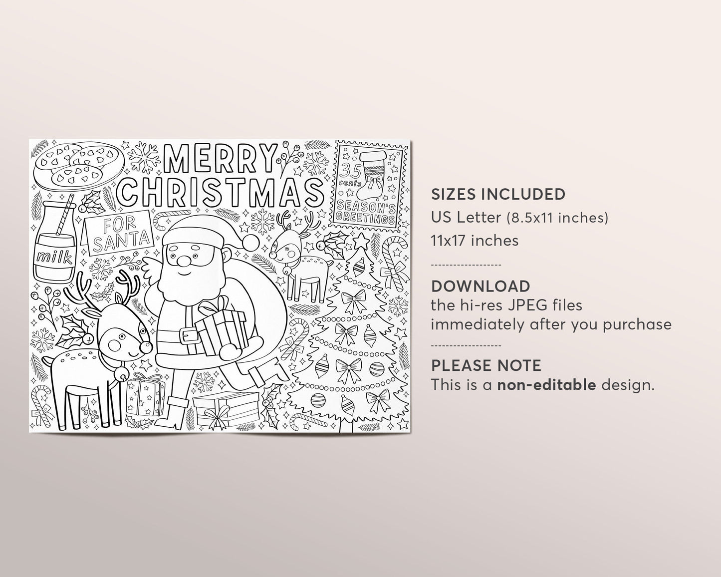 Christmas Coloring Page Placemat For Kids, Santa Craft Activity Party Sheet Printable, Xmas Party Classroom Coloring Sheet Instant Download