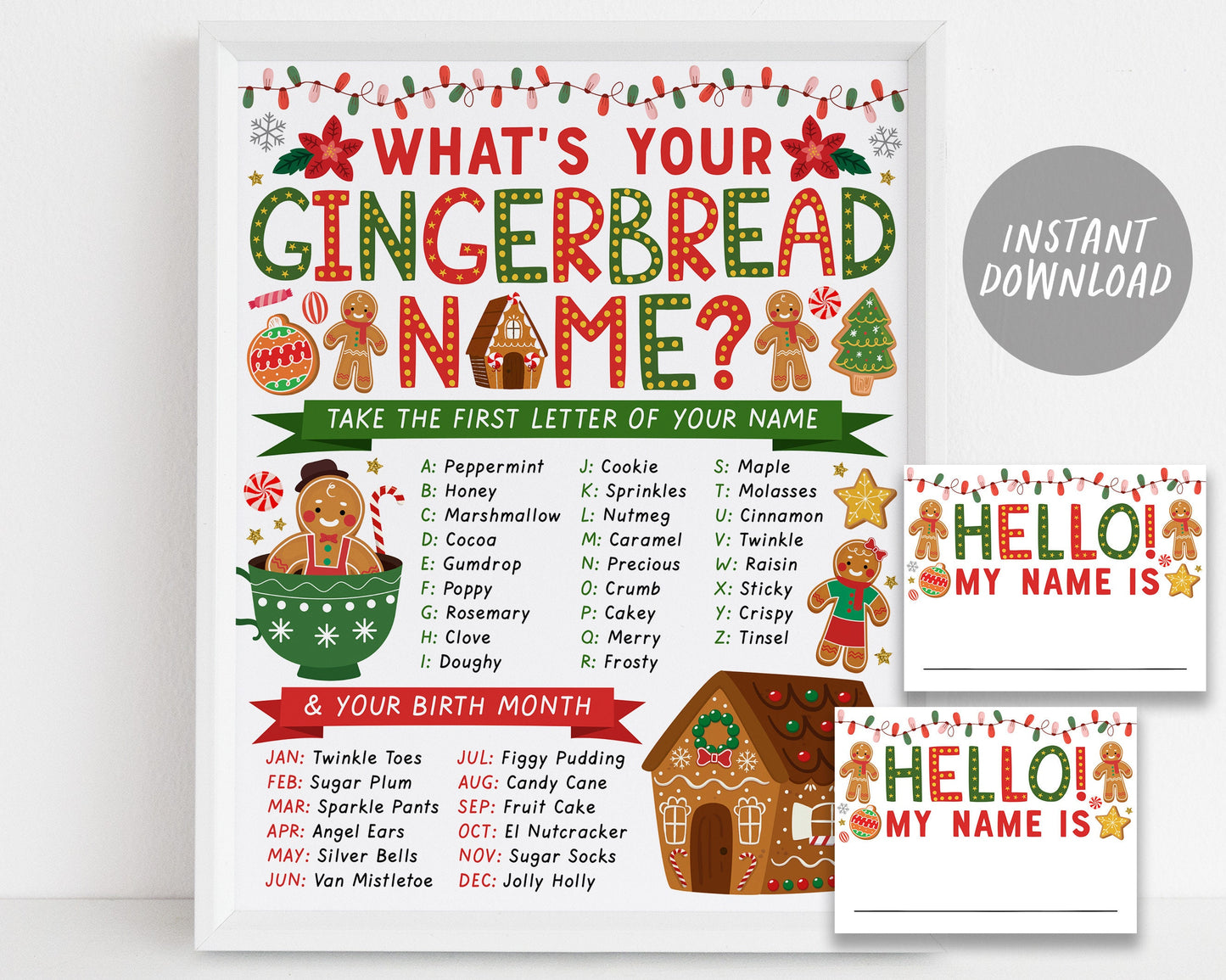 What's Your Gingerbread Name Game, Gingerbread Decorating Party Game With Name Tags And Sign Printable, Christmas Holiday Winter Activity