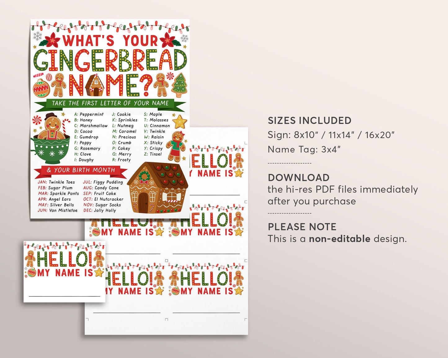 What's Your Gingerbread Name Game, Gingerbread Decorating Party Game With Name Tags And Sign Printable, Christmas Holiday Winter Activity
