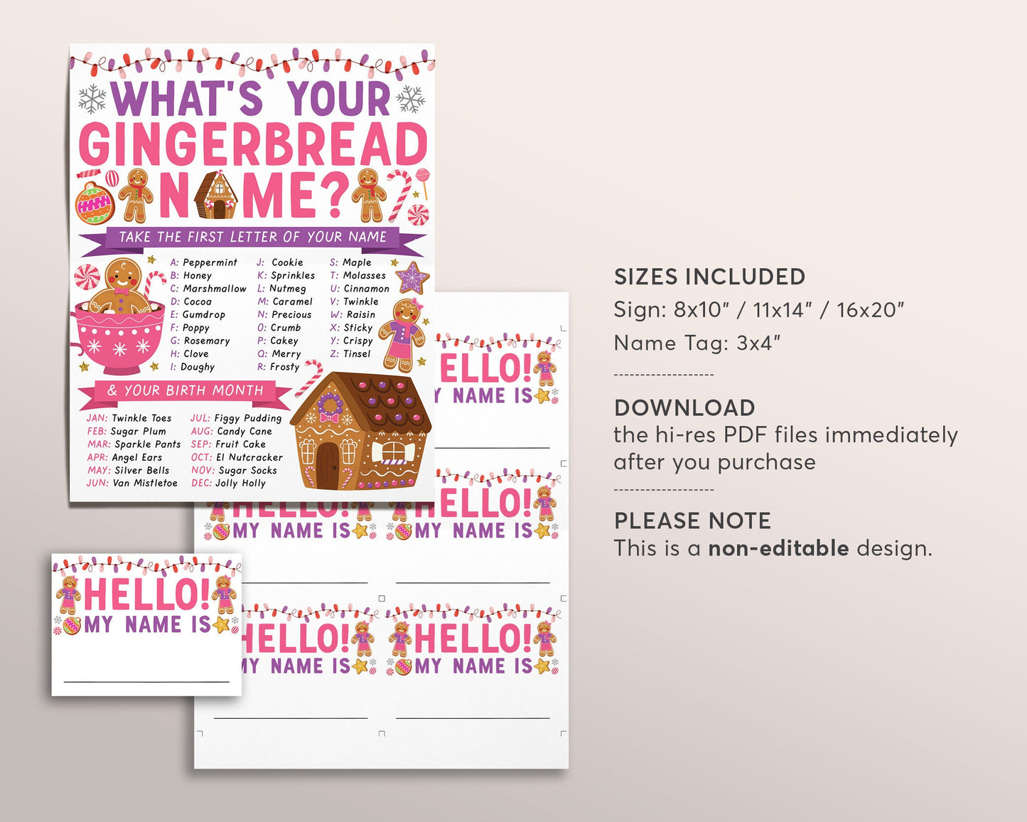 What's Your Gingerbread Name Game, Gingerbread Decorating Birthday Party Game With Name Tags And Sign Printable, Christmas Holiday Activity