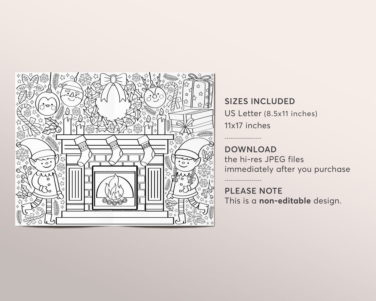 Elf Christmas Coloring Page Placemat For Kids, Holiday Elves Xmas Wreath Fireplace Winter Activity Sheet, Classroom Coloring Sheet Printable