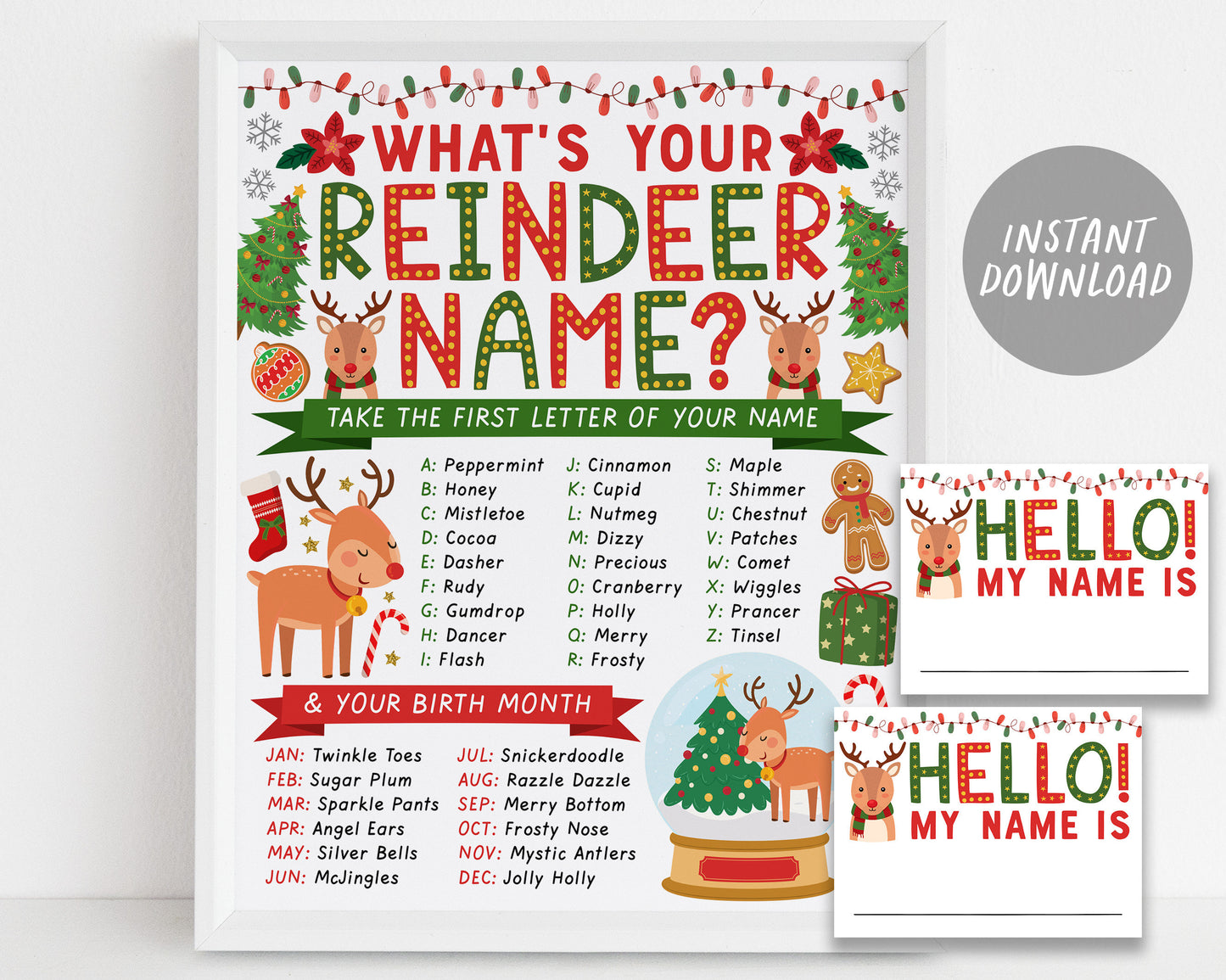 What's Your Reindeer Name Game, Christmas Party Activity With Name Tags Sign Printable, Holiday Winter Kids Adult Classroom Office Games