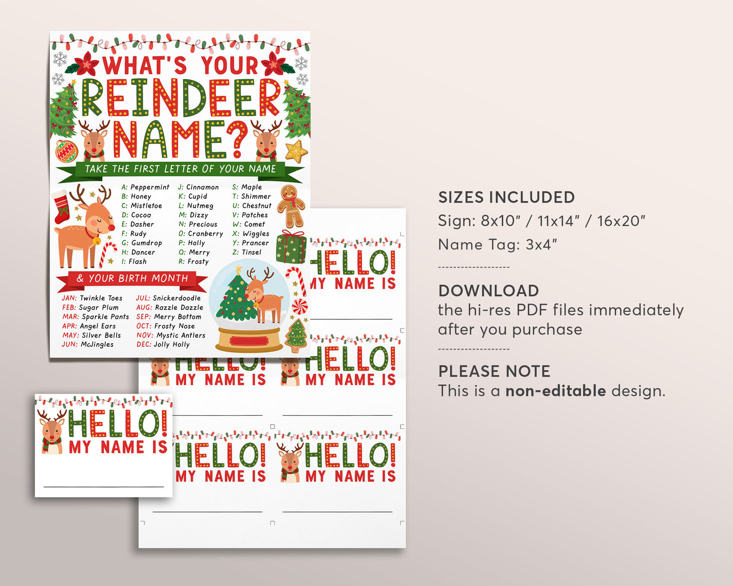 What's Your Reindeer Name Game, Christmas Party Activity With Name Tags Sign Printable, Holiday Winter Kids Adult Classroom Office Games