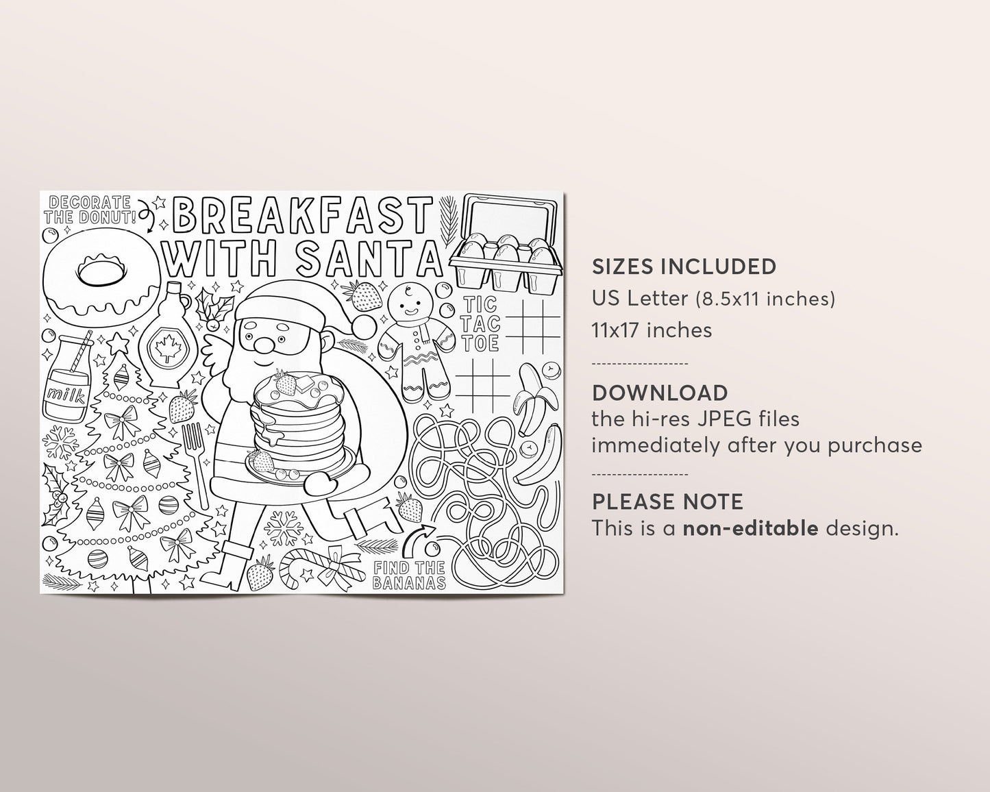 Breakfast with Santa Coloring Page Placemat For Kids, Donuts Pancakes with Santa Claus Holiday Christmas Activity Sheet Instant Download