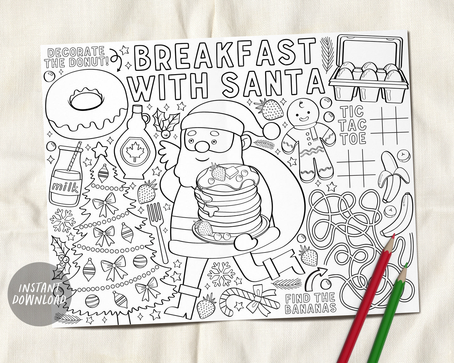 Breakfast with Santa Coloring Page Placemat For Kids, Donuts Pancakes with Santa Claus Holiday Christmas Activity Sheet Instant Download