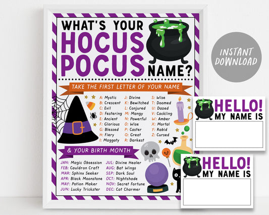 What's Your Hocus Pocus Name Game, Spooktacular Halloween Witch Themed Party Decor, Hocus Pocus Watch Party Activity With Name Tags And Sign