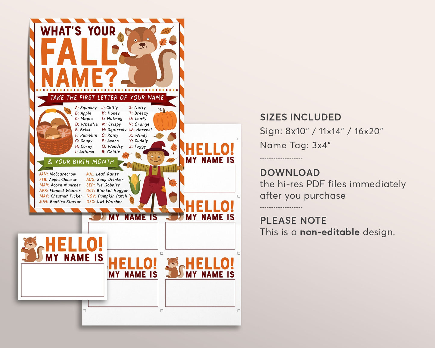 What's Your Fall Name Game With Name Tags And Sign, Fall Party Activity, Autumn Themed Party Decor, Icebreaker Game Name Generator Printable