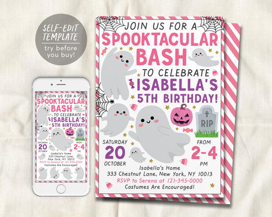 Halloween Birthday Invitation Editable Template, Spooktacular Bash Ghost Themed Birthday Party Invite, Girl Spooky Celebration Printable