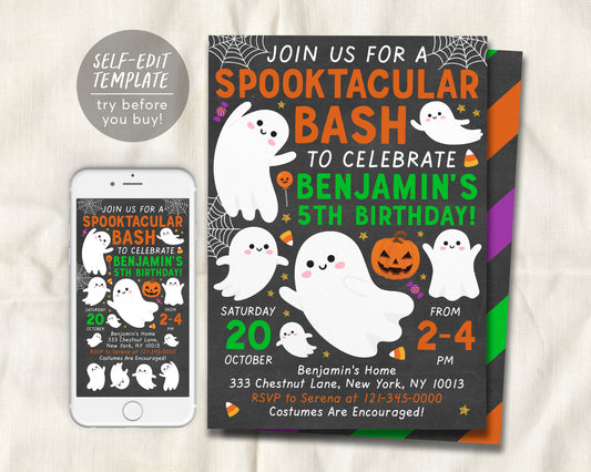 Halloween Birthday Invitation Editable Template, Spooktacular Bash Ghost Themed Birthday Party Invite, Chalkboard Spooky Celebration Evite