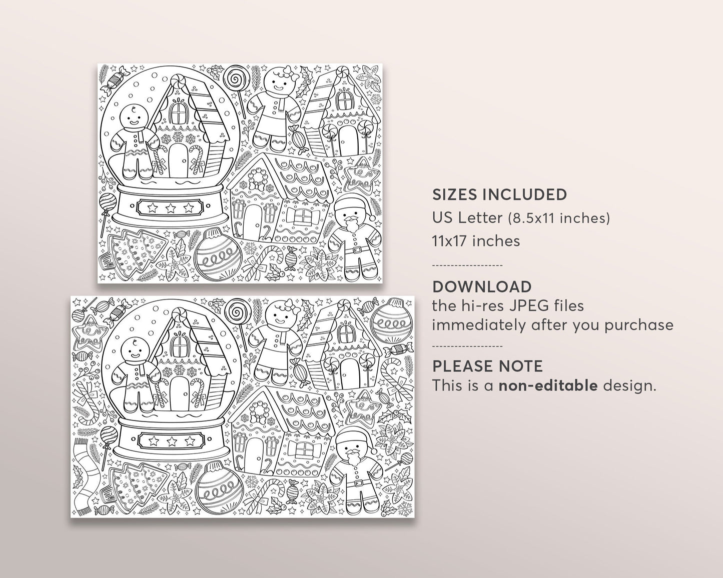 Gingerbread Christmas Coloring Page Placemat For Kids, Holiday Xmas Cookies Activity Sheet Preschool Kindergarten Classroom Instant Download