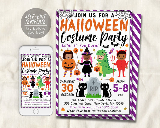 Halloween Invitation Editable Template, Kids Halloween Costume Party Invite, Spooktacular Spooky Birthda Party Unisex Evite Printable DIY