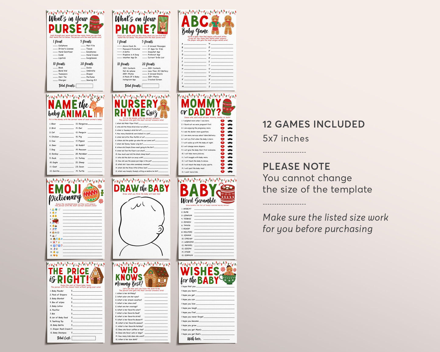 Christmas Baby Shower Games Package Bundle Editable Template, Gingerbread Winter Baby Sprinkle, Xmas Holiday December 12 Shower Games DIY