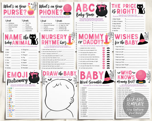 A Baby is Brewing Halloween Baby Shower Games Package Bundle Editable Template, Pink Witch Baby Sprinkle, Girl 12 Shower Games Printable DIY