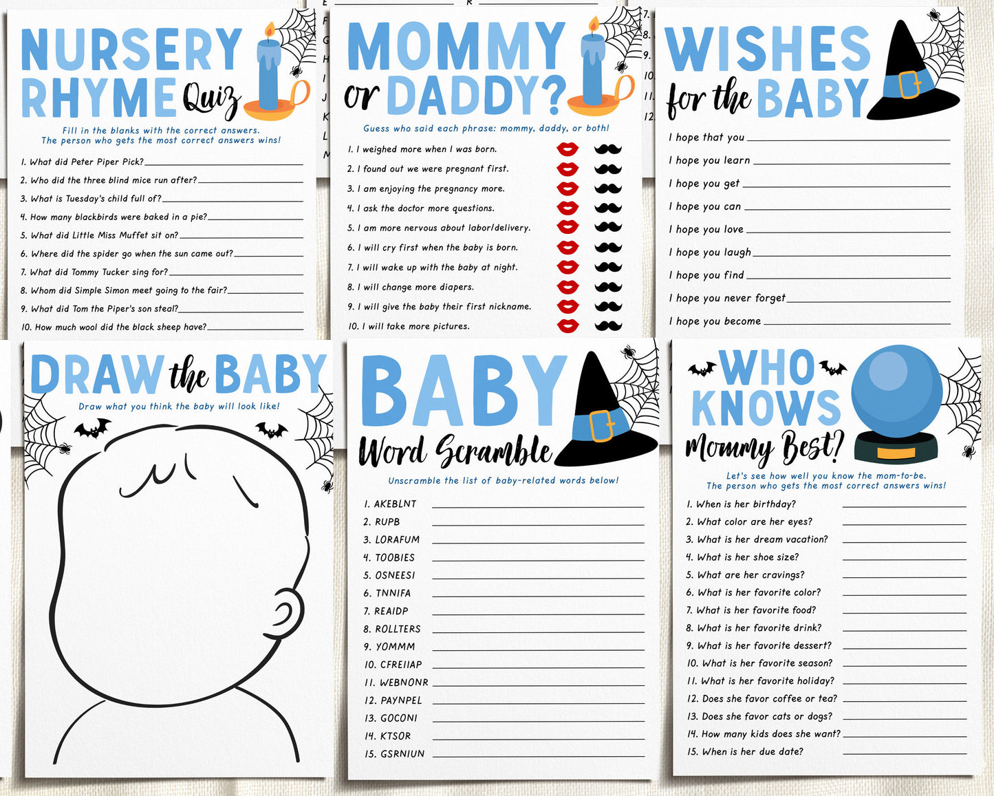 A Baby is Brewing Halloween Baby Shower Games Package Bundle Editable Template, Blue Witch Baby Sprinkle, Boy 12 Shower Games Printable DIY