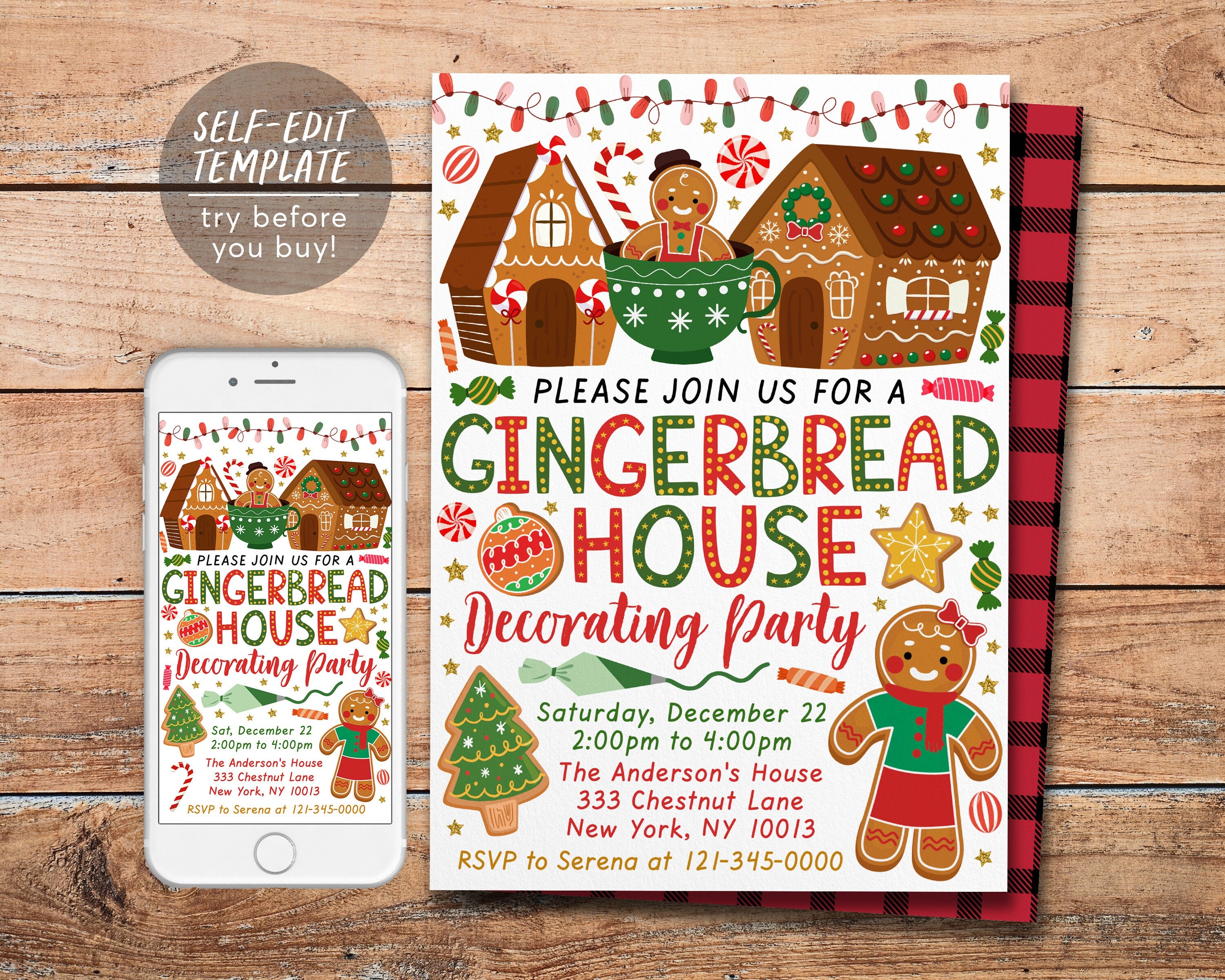 christmas gingerbread house decorating party invitation editable template, winter holiday festive season cookies xmas party invite printable
