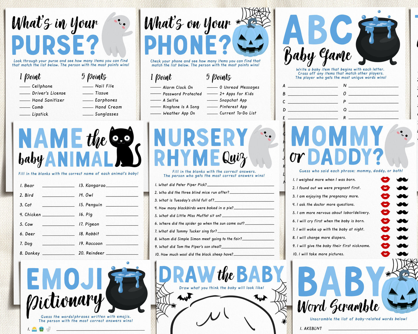 Halloween Baby Shower Games Package Bundle Editable Template, Boy A Little Boo Baby Sprinkle, Spooky Pumpkin Ghost Gender Neutral Printable