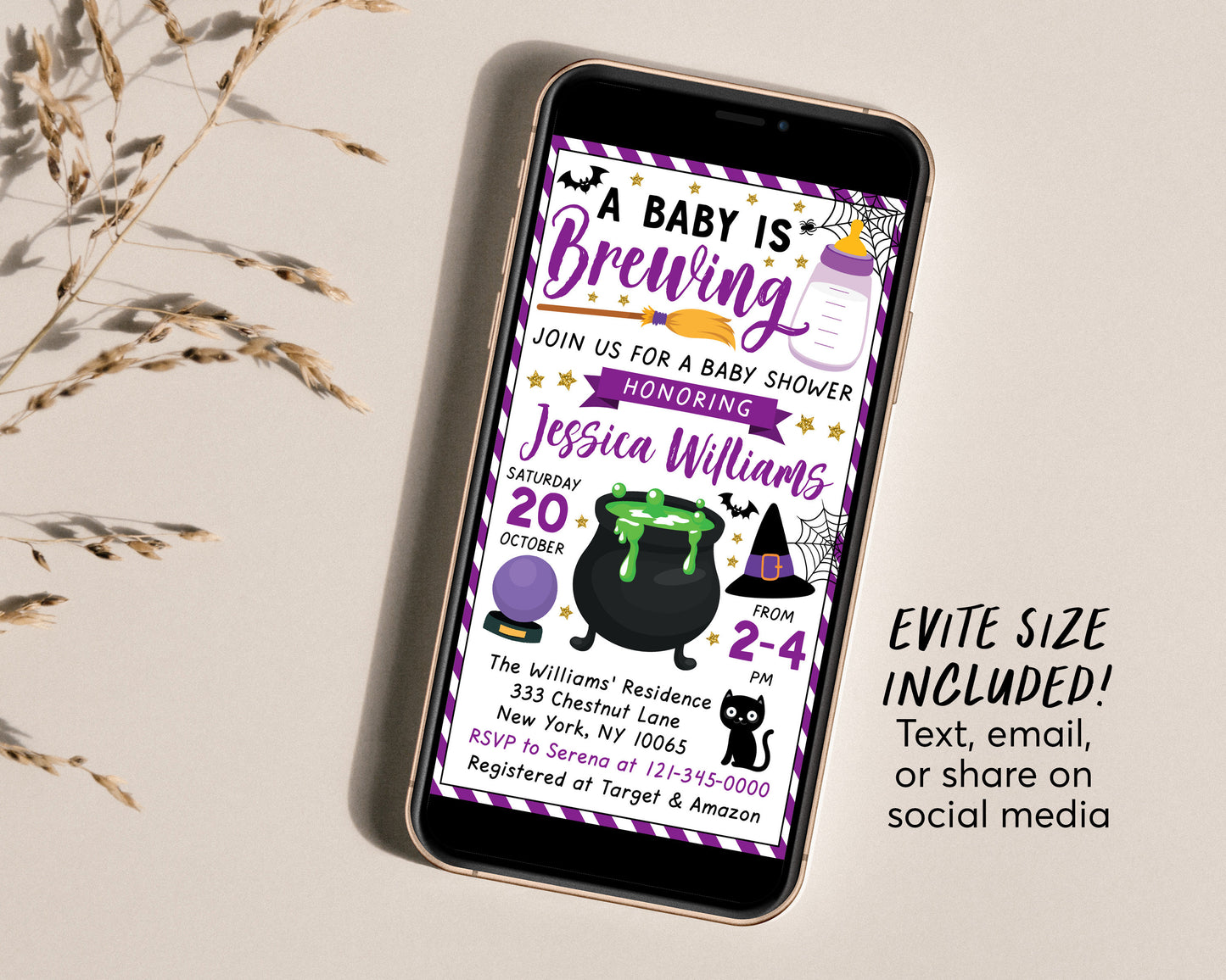 A Baby is Brewing Baby Shower Invitation Editable Template, Purple Witch Themed Gender Neutral Girl Halloween Baby Sprinkle Invite Evite DIY